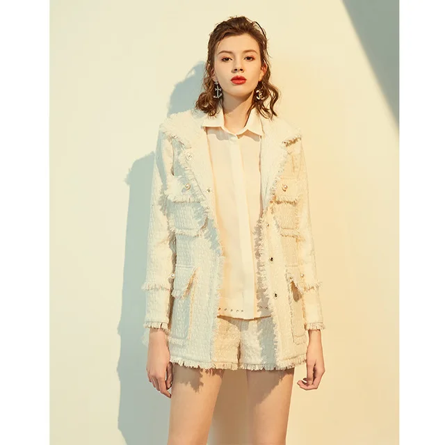 

2020 Autumn Winter Tweed Jacket Coat Runway Luxury High Quality Cotton Wool Overcoat Fringe Blazer Female Lady Woolen Outerwear
