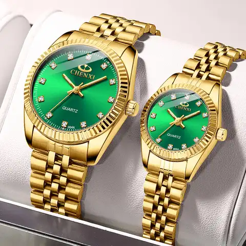 Часы CHENXI для влюбленных Роскошные деловые золотые часы из нержавеющей стали мужские классические водонепроницаемые часы для женщин Стразы...