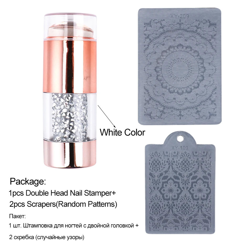 

3pcs Double Head Silicone Nail Stamper Scraper Set Champagne Metal Mirror Handle Stamping Nail Art Plate Tranfer Tools LA1839
