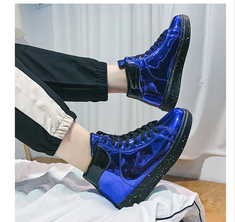 Sooneeya High Top Patent Leather Casual Shoes Men Glitter Luxury Boots Male Driving Shoes Brand Designer Bling Leather Shoes