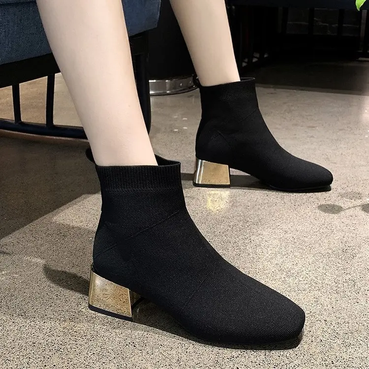 2019 г. Золотая черная стелька из эластичной ткани на каблуке женская зимняя обувь