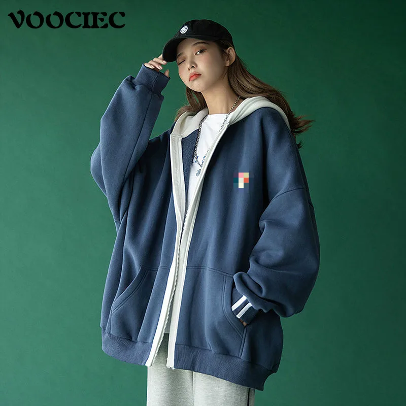 

VOOCIEC American High School Students College Style Saseball Uniform Jacket Loose Fit Fashionable Harajuku Sports Hooded Jacket