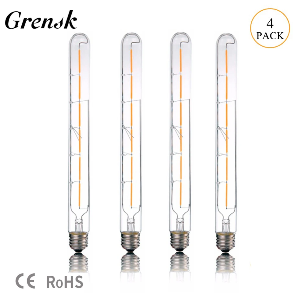 

Grensk T30 300mm Tubular Led Lamps 6W Long LED Filament Light Bulb Edison Clear Glass Tube E27 2700K 220V NOT Dimmable Led Bulbs