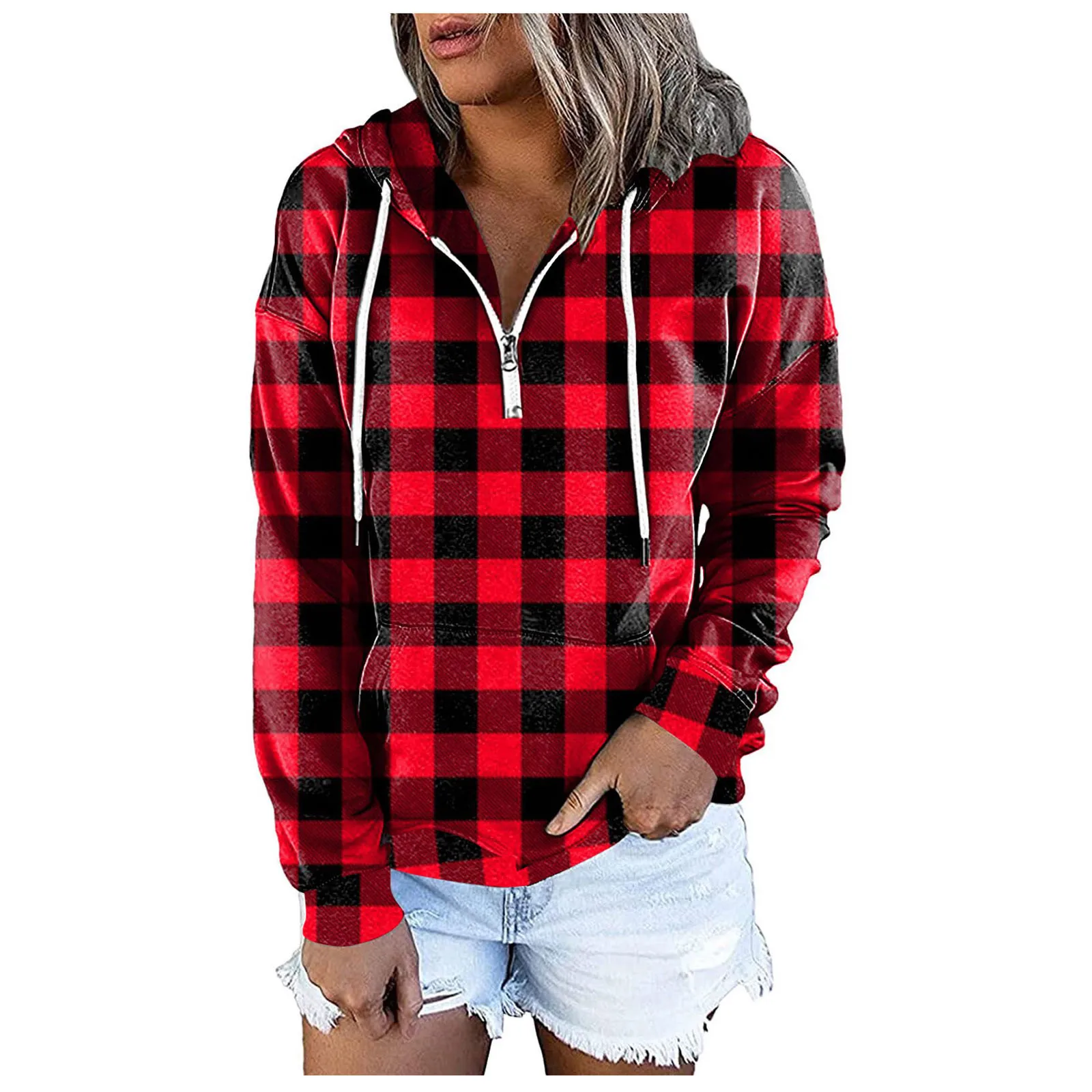 

Vintage Women Plaid Hoodies Half Zip Pullover Sweatshirt Red Printed Autumn Winter Female Hoody