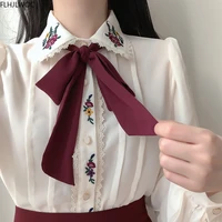 retro vintage embroidery bow tie tops autumn basic wear elegant formal single breasted button solid white shirts