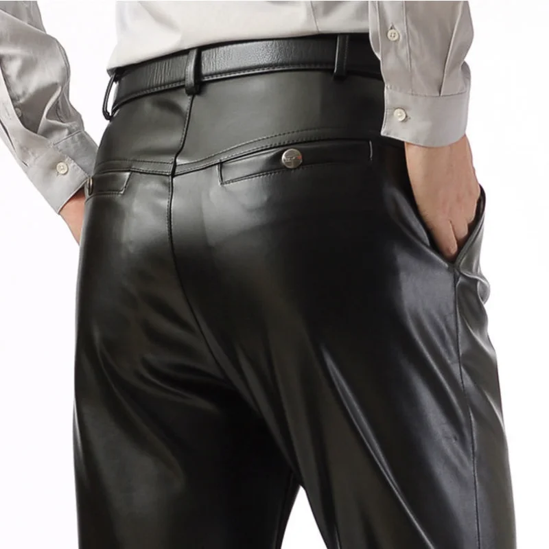 

Summer Leather Pants Mens Clothing Thin Slim Fit Faux PU Leather Motorcycle Pants Loose Straight Leather Cargo Pants Waterproof