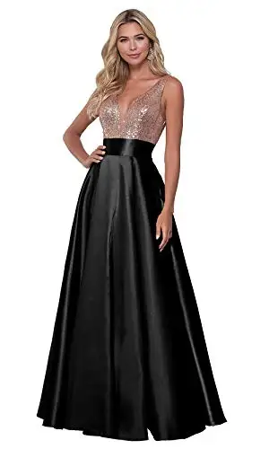 

Women's Deep V Neck Sequin Satin Prom Dresses Long Sleeveless Formal Party Gown A Line Skirt with Pockets satin dress formal