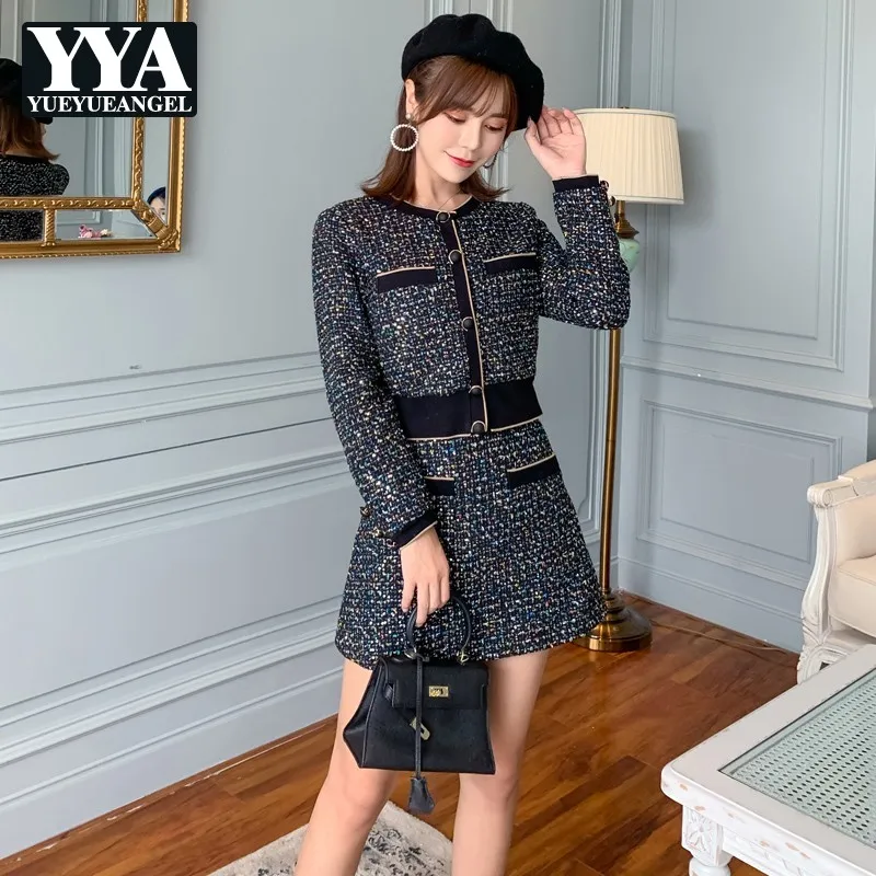 Женский твидовый костюм с блестками элегантный облегающий из двух предметов