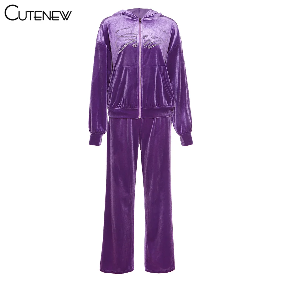 

Cutenew Casual Simple Two Piece Set Women Outfits Harajuku Diamonds Flannel Hooded Zipper Top+Loose Sporty Pants Lady Streetwear