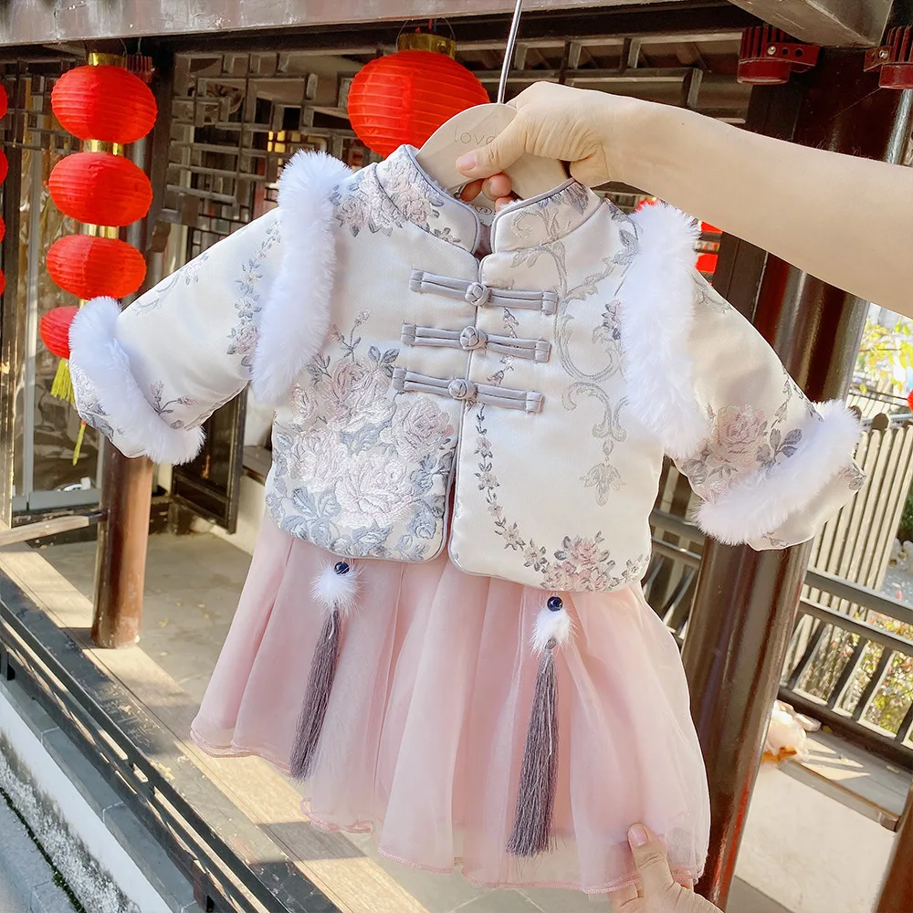 

Baby Girl Christmas Outfit Winter Floral Tops + Mesh Skirt Two Piece Chinese Style New Year Costume Princess Kids Clothing Sets