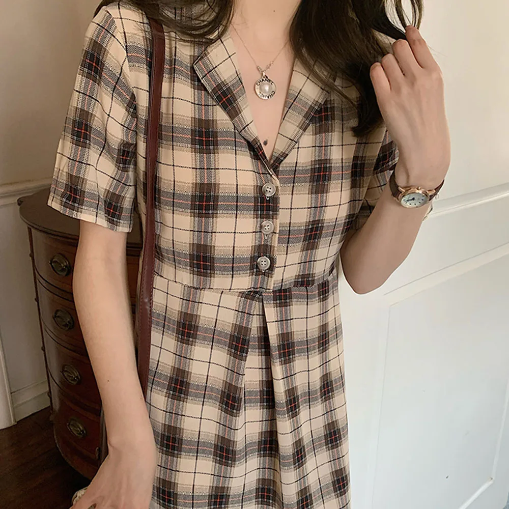 

Japan Style Korean Fashion Ladies Dress Summer 2021 Loose Casual Simple Elegant Lattice Retro Lace V-neck Summer