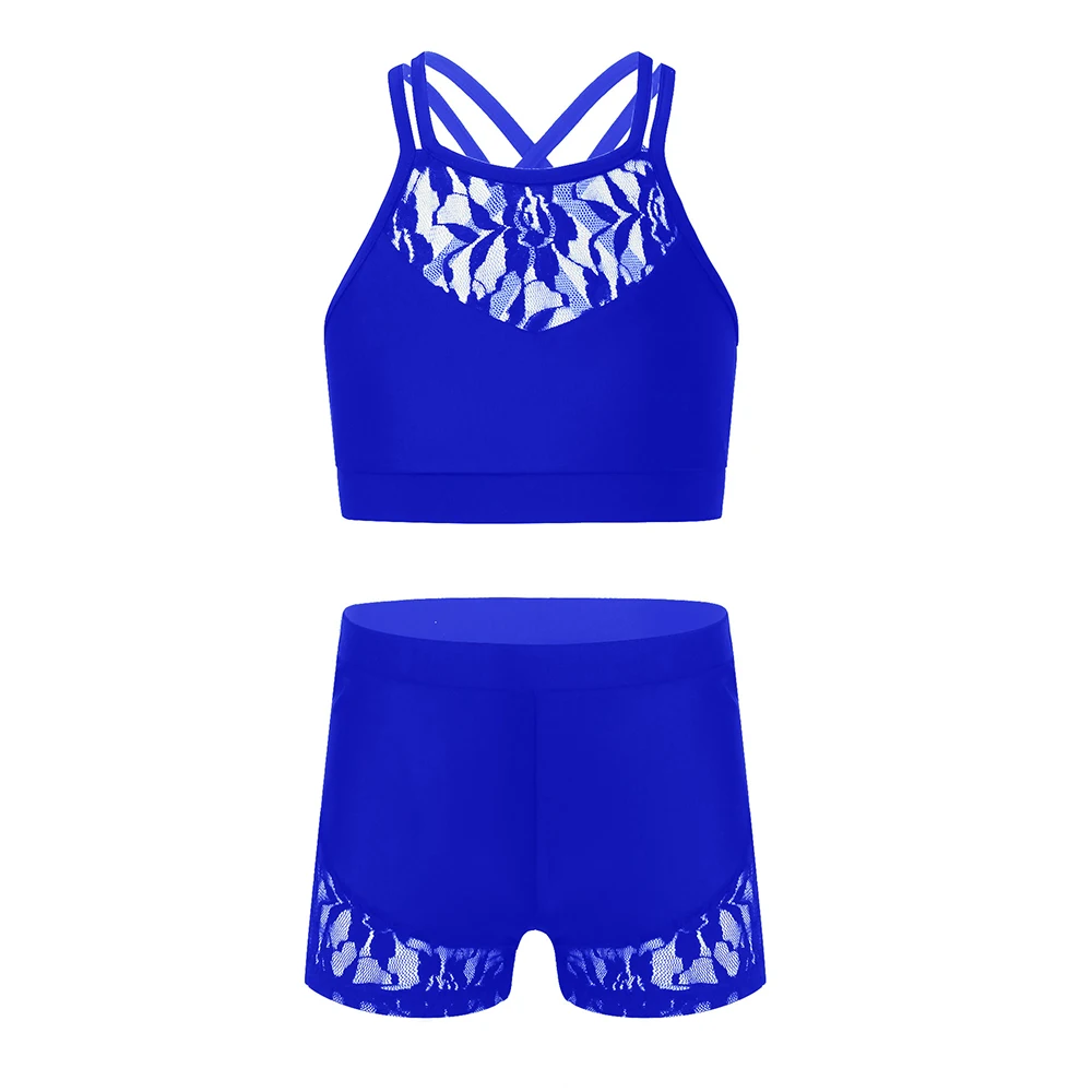 

Kids Girls Child Dance Sets Gymnastics & Dancewear Outfit Lace Halter Neck Sleeveless Tanks Crop Top with Shorts Summer Clothes