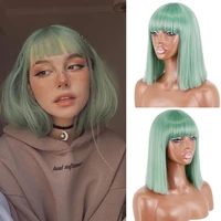 long straight green bob wigs with bangs for white black women cosplay lolita party synthetic blunt cut fake hair new color green