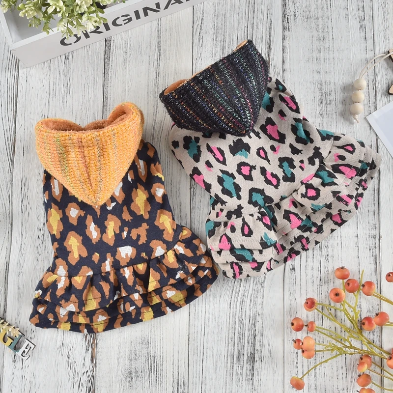 Leopard Bling Hat Dog Dresses For Small Dogs Autumn Winter Pet Clothing Hoodie Cat Apparel Pugs Pomeranian Schnauzer Accessories