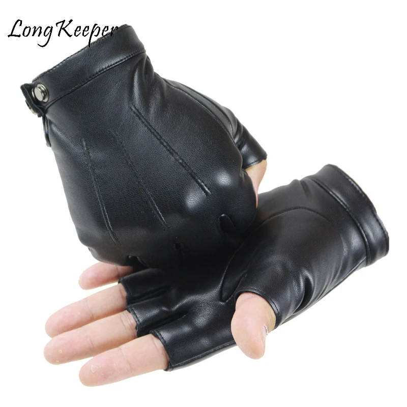 

2020 Unisex Black PU Leather Fingerless Gloves Solid Female Button Warm Half Finger Driving Men motor Punk Gloves Thick Guantes