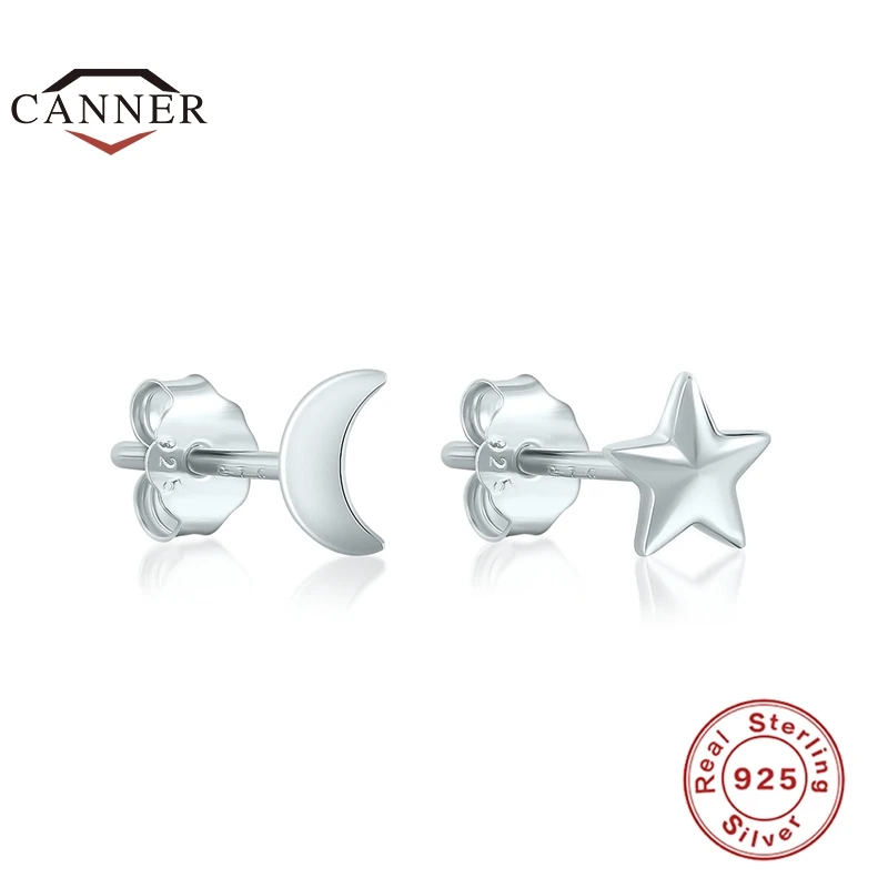 

CANNER 925 Sterling Silver Star Moon Asymmetrical Glossy Stud Earrings for Women Piercing Earring Earings Jewelry Pendientes