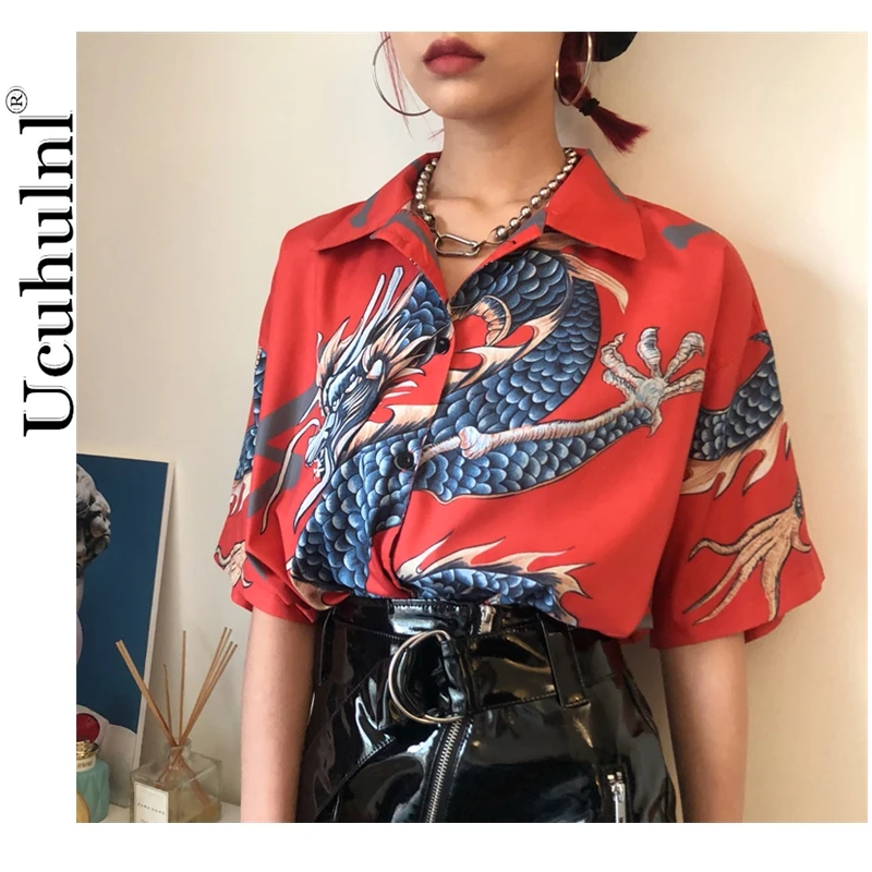 Летние женские Топы Блузка хараджуку женская обувь с принтом в виде дракона