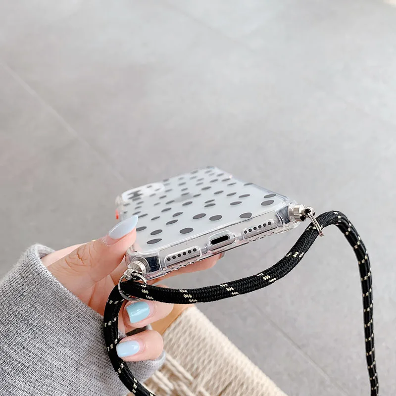 

Wave Point Strap Cord Chain Transparent Phone Case For iPhone 12Mini 11 Pro XS Max XR X 7 8 Plus SE Neck Lanyard Carry Hang Case