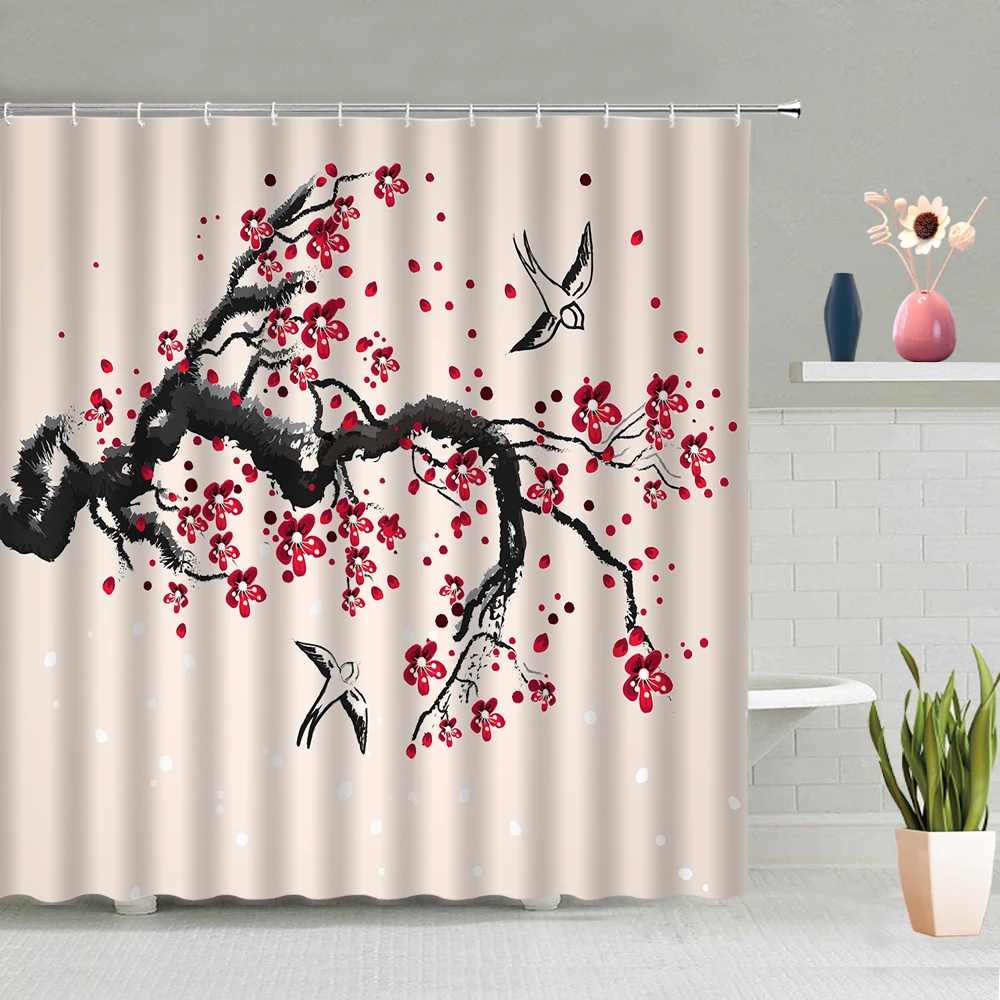 

Chinese Style Hand-painted Plum Blossom Birds And Butterfly Bathroom Partition Screen Waterproof Polyester Fabric With Hooks