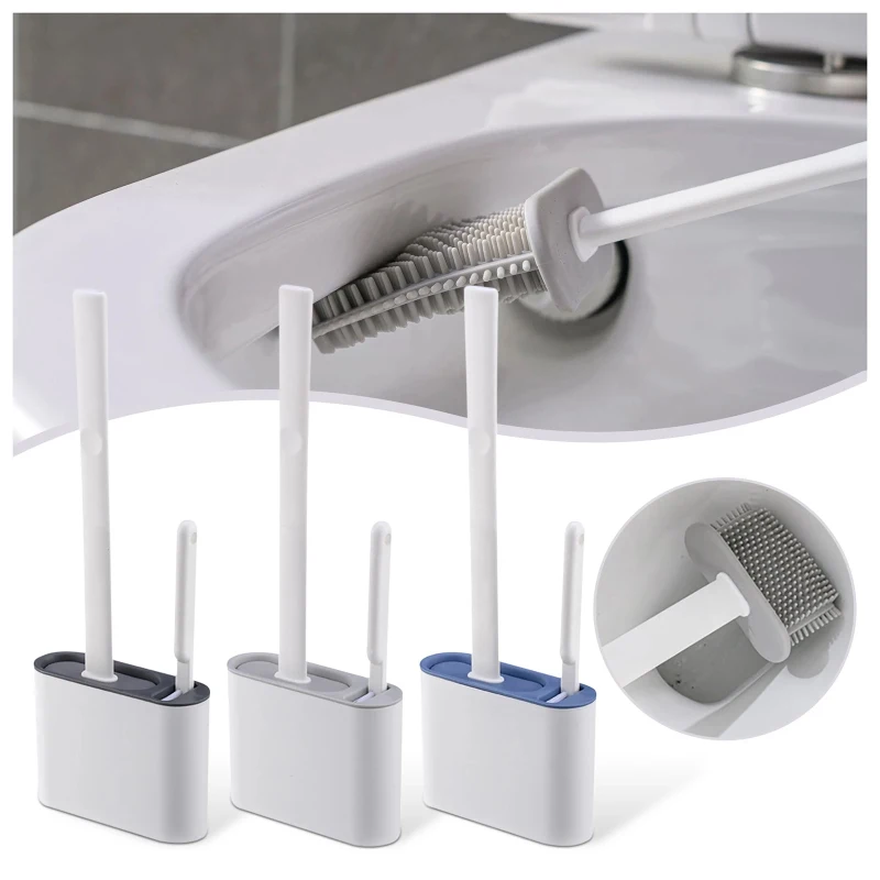

1 Set Toilet Brush Wc Gap Brush With Holder Silicone Toilet Brush Hanging Type Flat Head Bristles Brush Bathroom Accessories