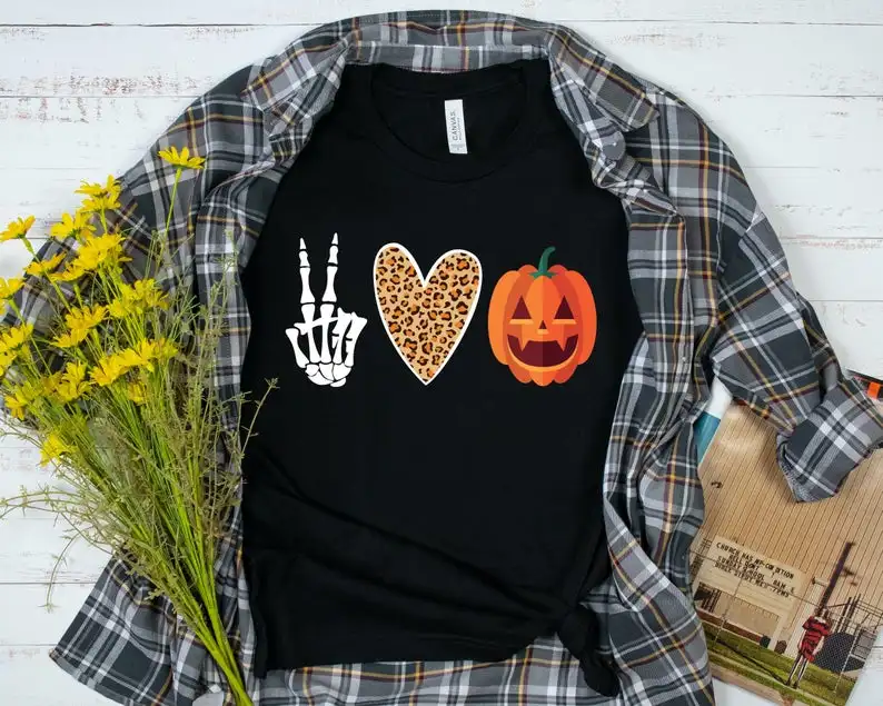 

Костюм для хеллоуина с надписью «Peace Love Pumpkin», забавная женская рубашка из чистого хлопка с круглым вырезом, модная женская одежда с коротким...