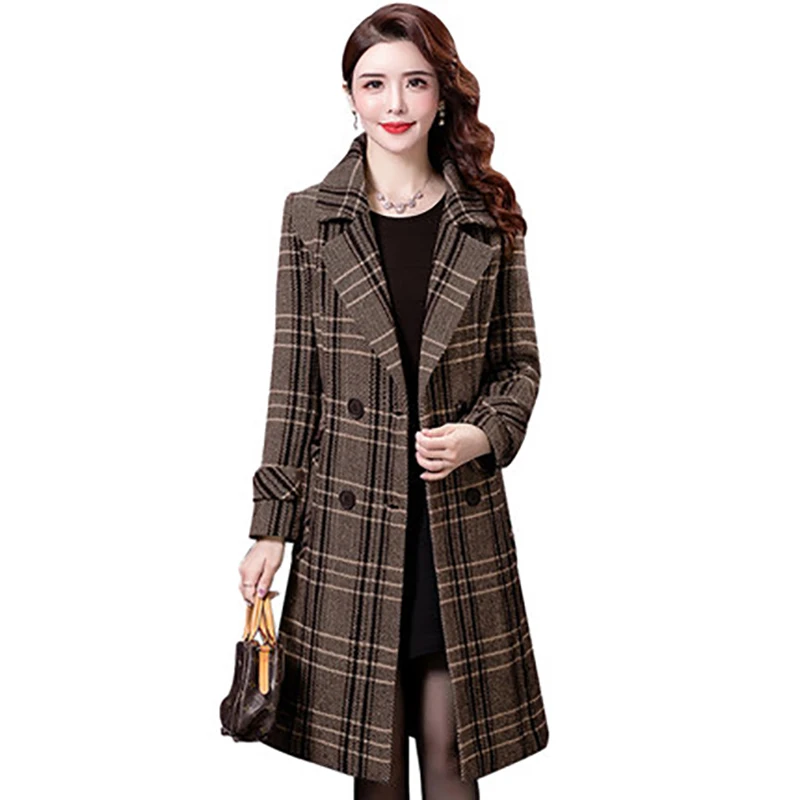 

Woolen Coat Women Mid-Length Autumn Winter New Long Section Over The Knee Thick Warm Fashion Houndstooth Tartan Woolen Jacket