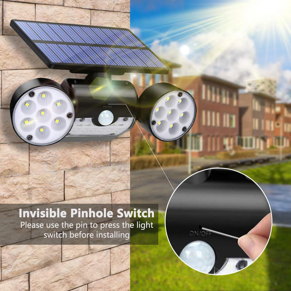 30LED Солнечный свет PIR датчик движения с двойной головкой садовая настенная лампа-бра с питанием от солнечной панели Водонепроницаемый Открытый регулируемый угол прожектора