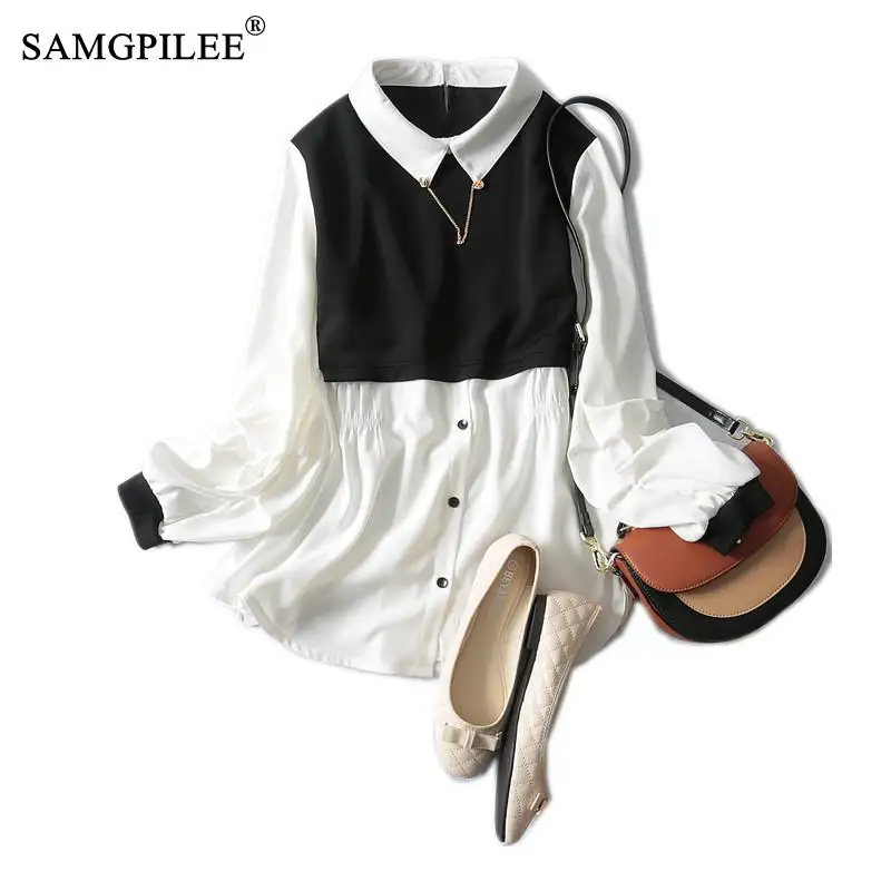 

Plus Size Spring 2021 New Fake Two Pieces Long Sleeve Patchwork Blouse Button Design Elegant Shirts Female Fashion Tops Women