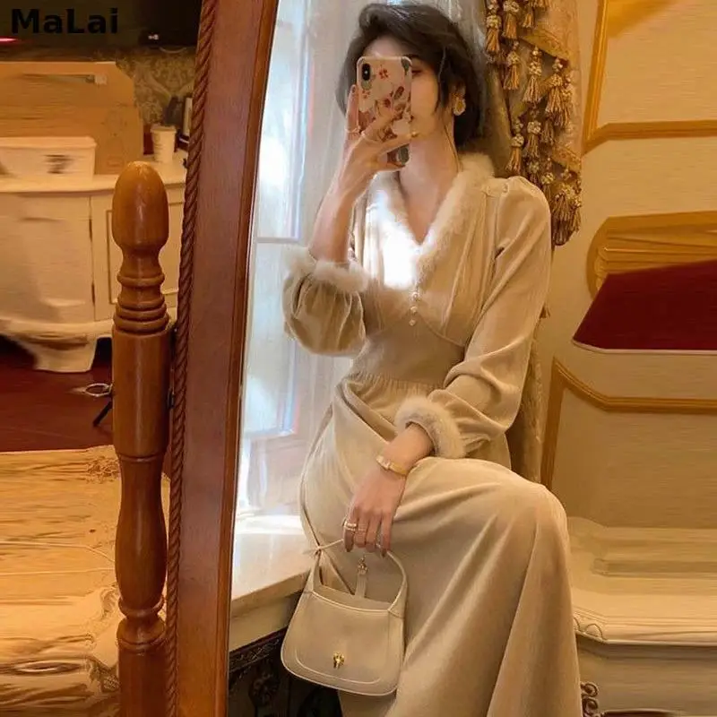 

Fur Neck Elegant Vintage Dress Women Long Sleeve French Office Lady Midi Dress Korean Female 2021 Spring Fashionone Piece Dress