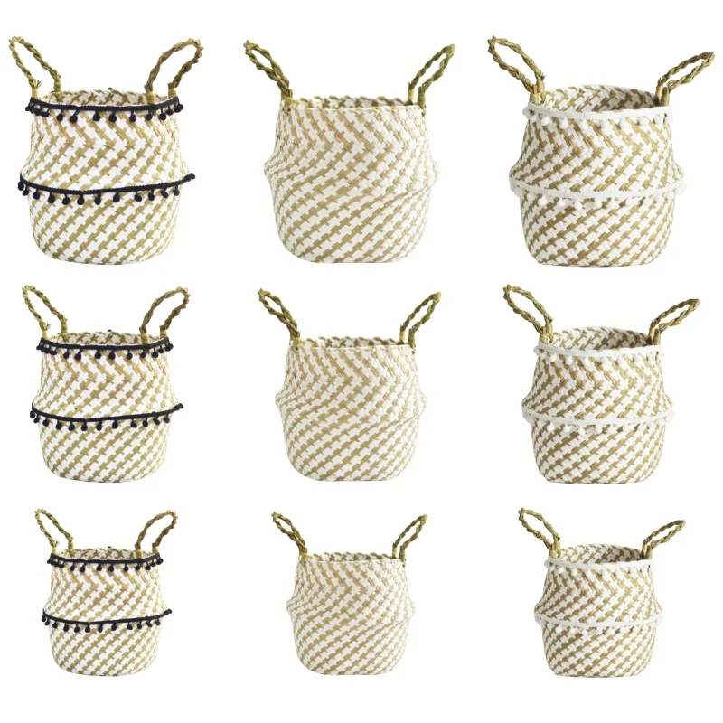 Handmade Bamboo Storage Baskets Nordic Foldable Laundry Straw Wicker Rattan Seagrass Belly Garden Flower Pot Planter Basket