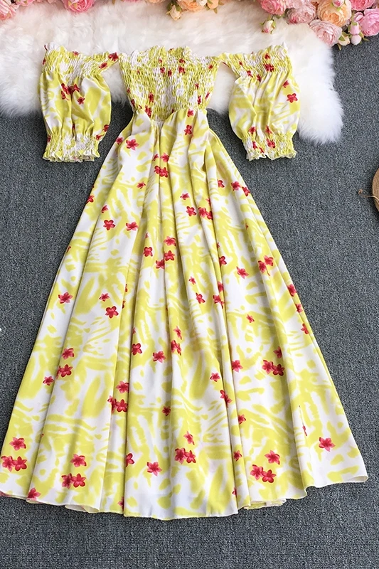 

2021 New Summer Bohemian slash neck puff sleeve off shoulder Dress high waist pleated waist print mid-length A-line Dress