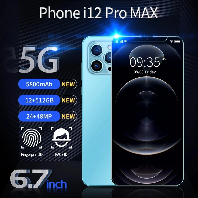 

Original I12 Pro Max 6.7 Inch Android Global Version Smartphone 16+512GB 5800mAh HD Screen Unlocked 4G 5G Mobilephone GPS Google