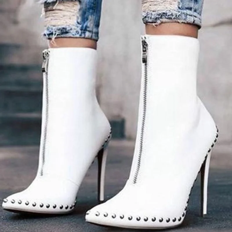 

Rivets White Solid Ankle Booties Woman Super High Thin Heels Zippers Novelty Pointed Toe Large Size 14 16 Spring/Autumn Shoes