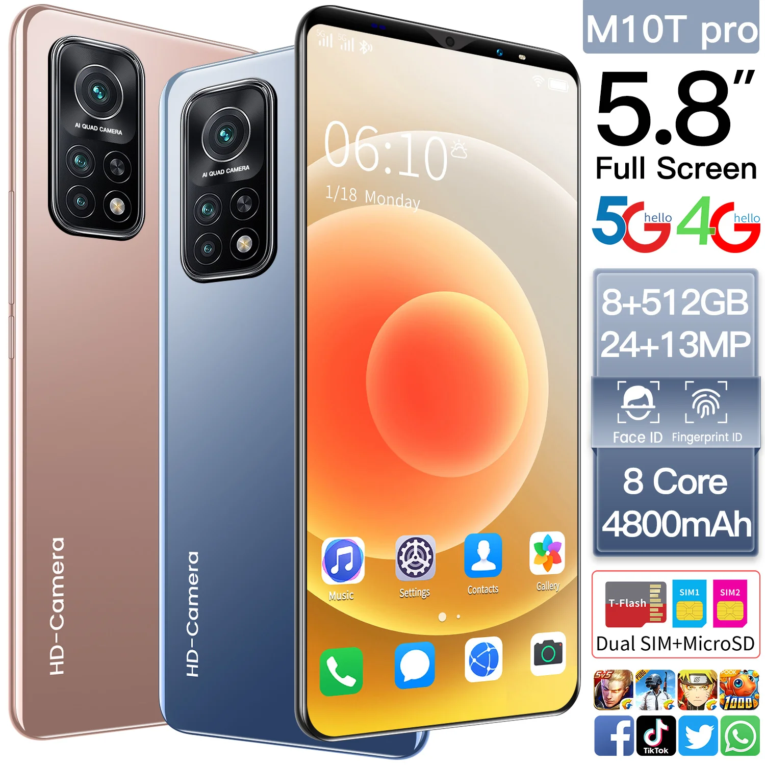 

Global Version M10T Pro SmartPhones 8GB RAM 512GB ROM 13MP+24MP HD Camera 5.8inch 4800mAh Phone Android 10 4G 5G Cellphones