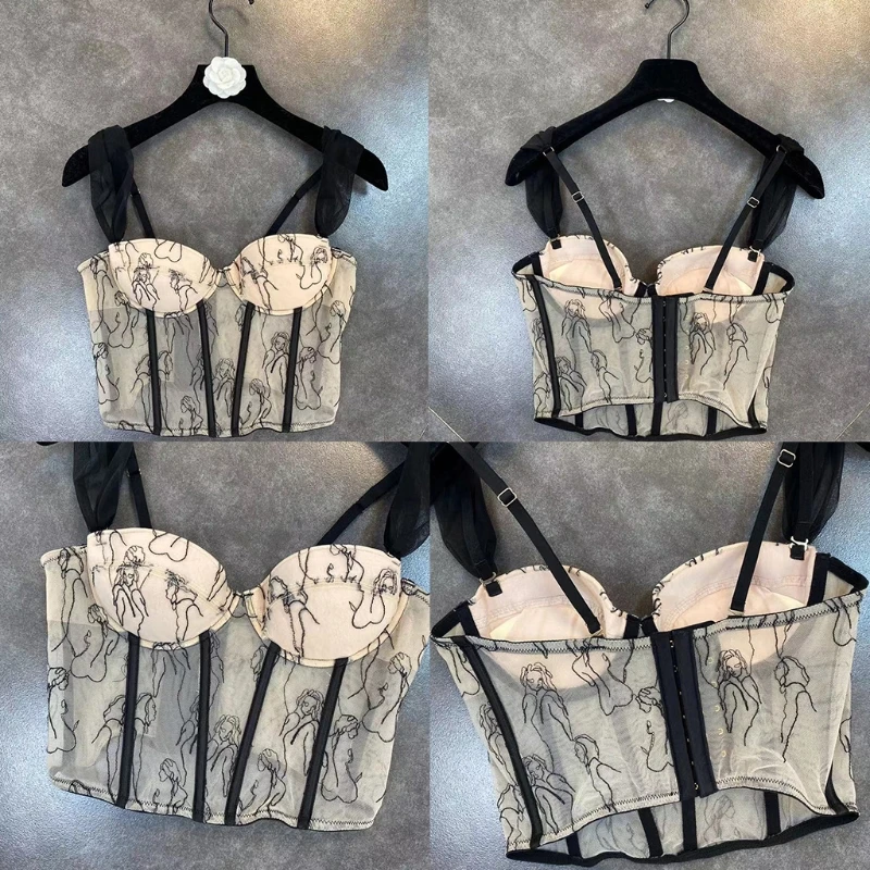 

2021 Women Spaghetti Strap Mesh Corset Crop Top French Style Vintage Embroidery Bustier Camisole Sexy V-Neck Boned Tank Top