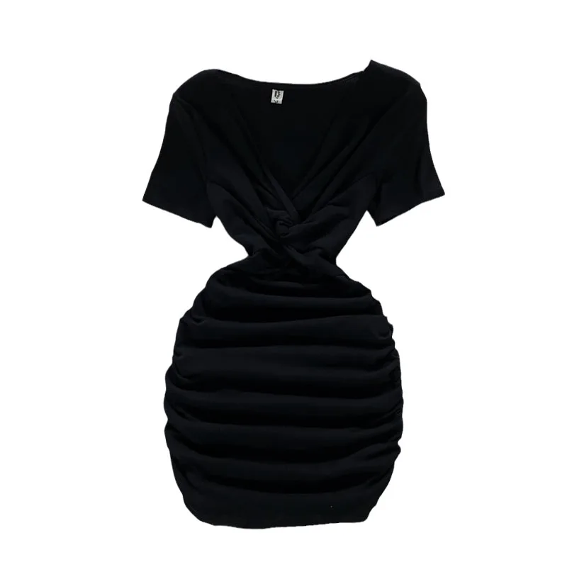 

2021 Summer New French Fashion Kink V-neck Sexy Wrap Hip Short Sleeve Girls Black Pink Mini Pleated Dress Robe Femme