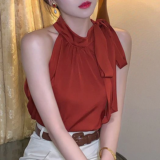 

Retro satin halter vest female summer leaking collarbone sexy strappy suspender top sexy women corset top 2020 Tops