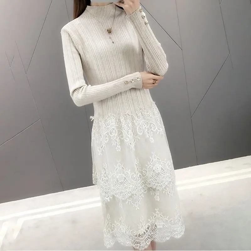 Элегантное платье свитер Kroean осенне зимнее трикотажное женское с длинным