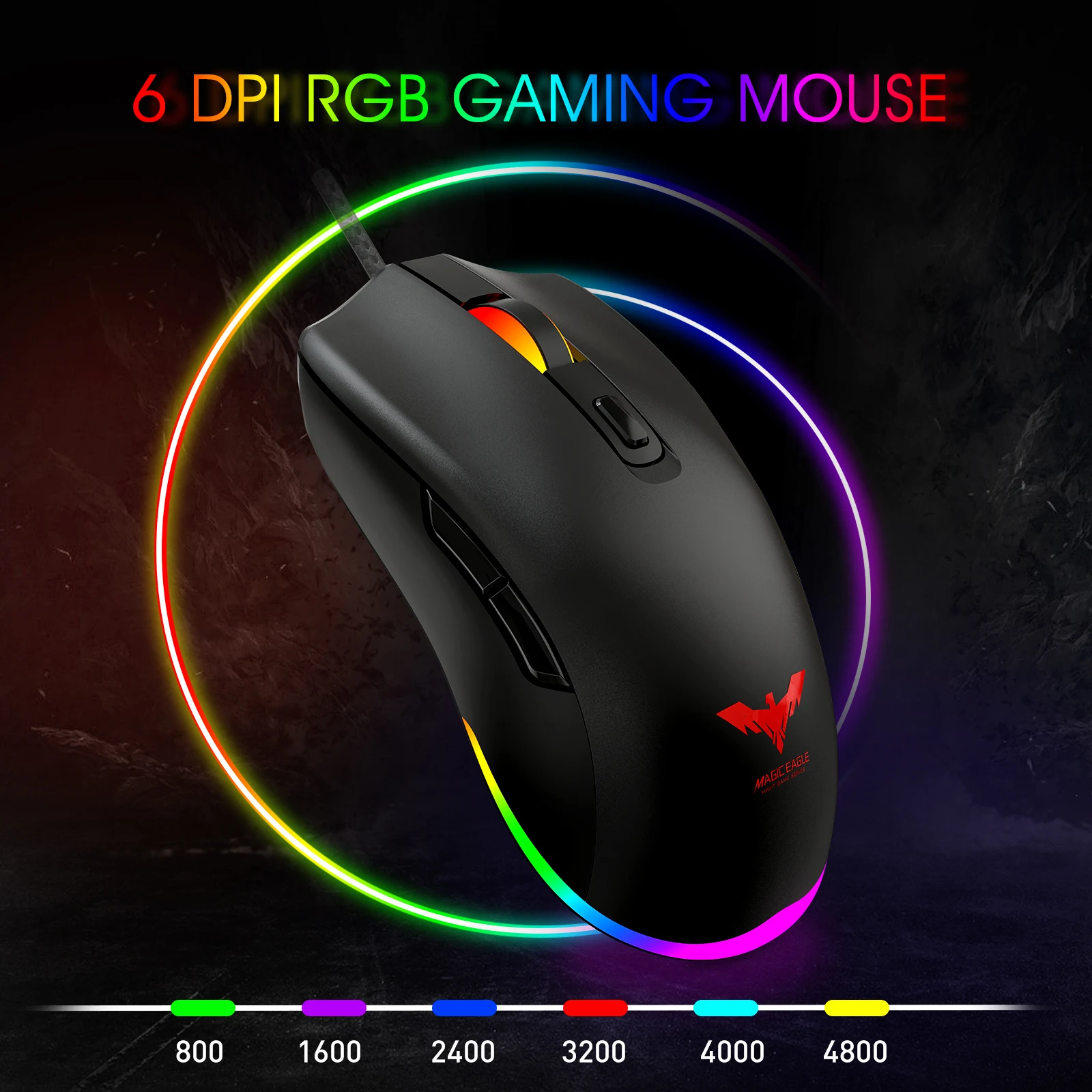 Проводная игровая мышь Havit USB Регулируемая DPI 6400 с 7 RGB подсветкой геймерская для