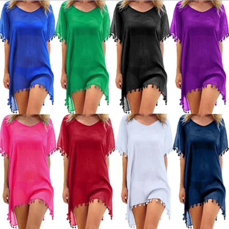 Летняя женская накидка для бикини шифоновая с помпонами вязаный кроше купальник