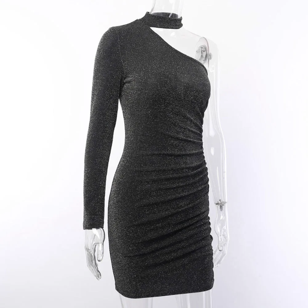 Сексуальное платье с лямкой на шее одно плечо облегающее мини длинными рукавами