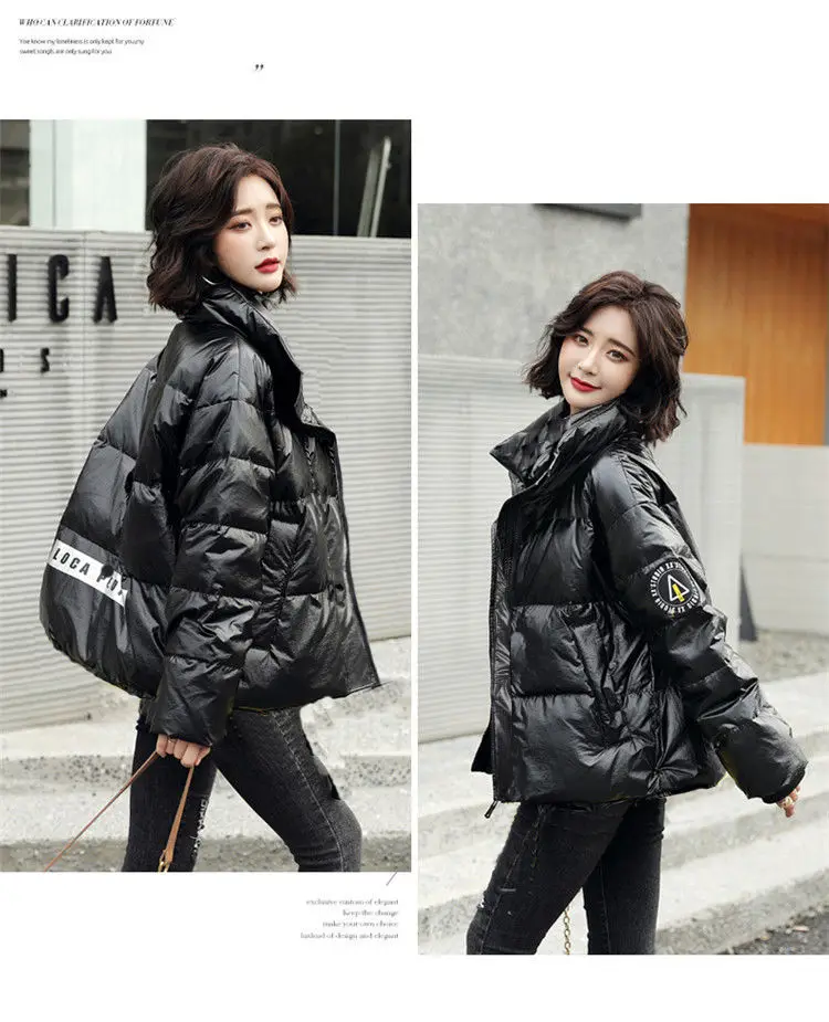 Glossy Cotton-Padded Coat Women Winter New Blue Korean Style Ins Loose Thick Warm  Fashion Stand Collar Cotton Coat Jacket Women
