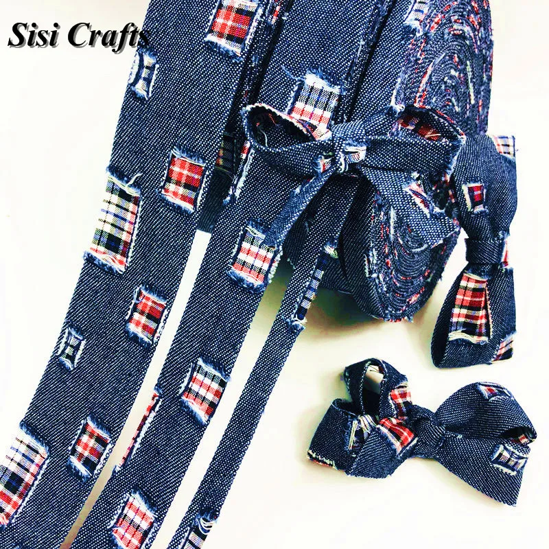 Sisi Crafts Tape Blue Denim Jeans Ribbon Hollow Shapes Ripped Plaid Riband Bias Trim Layering DIY Hair Bow Tie Collar Materia 1M | Дом и сад
