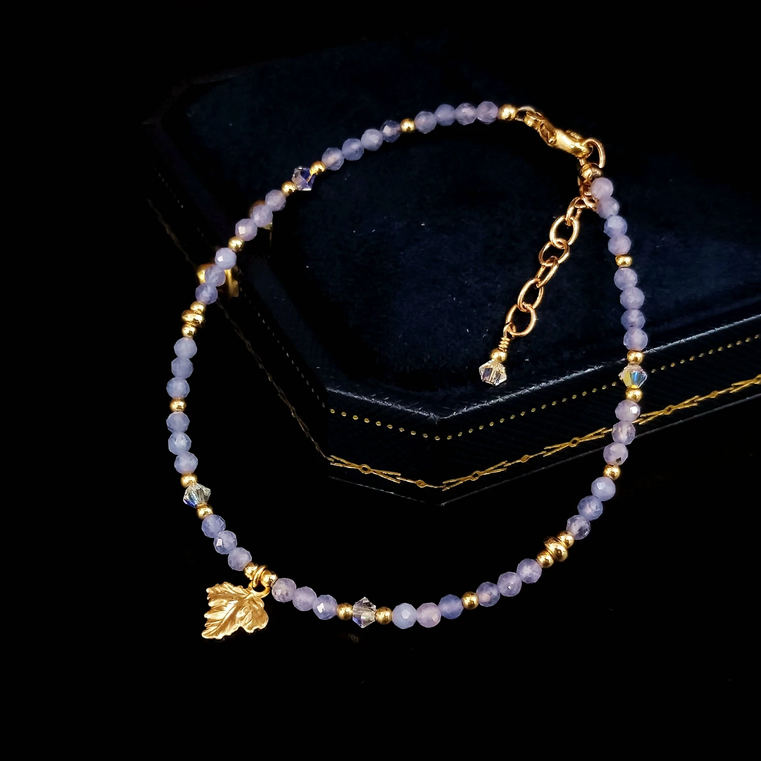 

Lii Ji Tanzanite Austrian Crystal 14K Gold Filled Leaf Charm Bracelet Natural 2mm Stone Handmade Jewelry For Women Gift