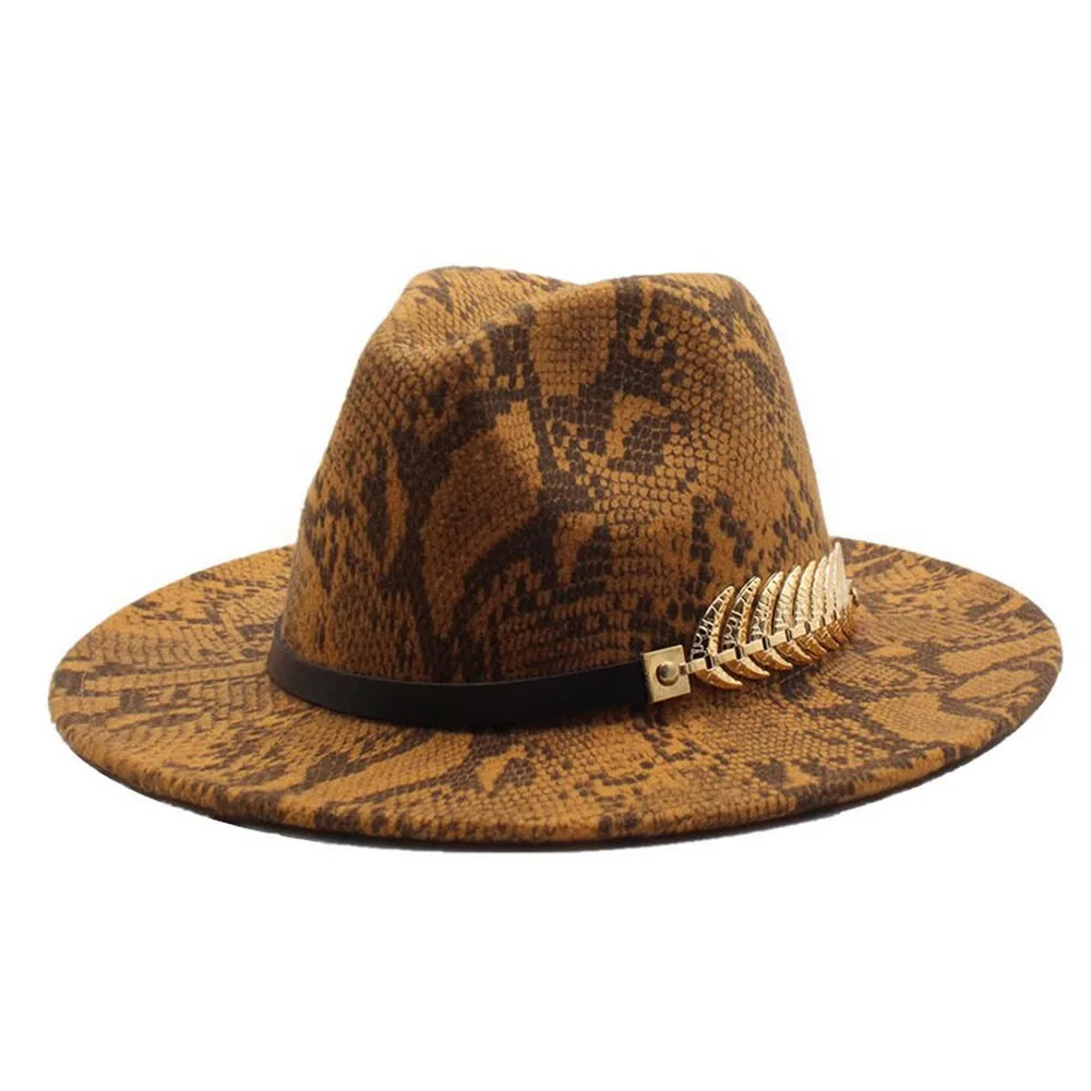 

Four Seasons Man Fedora Hats British Fashion Style Woolen Python Pattern Golden Leaf Decoration High Quality Jazz Caps