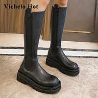 vichelo hot 2020 korean girls cow leather thick bottom waterproof round toe zipper office lady dress dating knee high boots l80