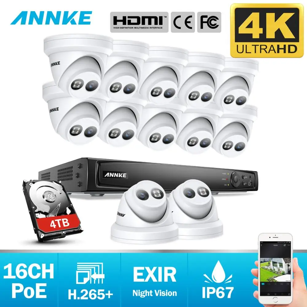 ANNKE 16CH 4K Ultra HD POE, сетевые системы безопасности Видео 8MP H.265+ NVR с 12 шт 8MP защищенная от внешних воздействий ip-камера комплект камер видеонаблюдения для безопасности