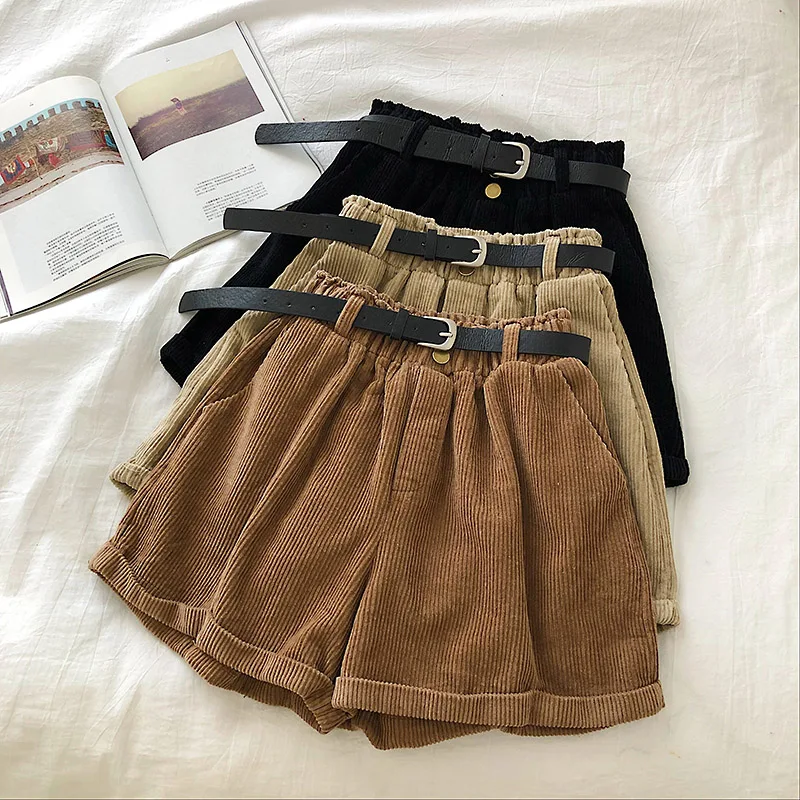 Винтажные осенние женские повседневные шорты с высокой талией и широкими
