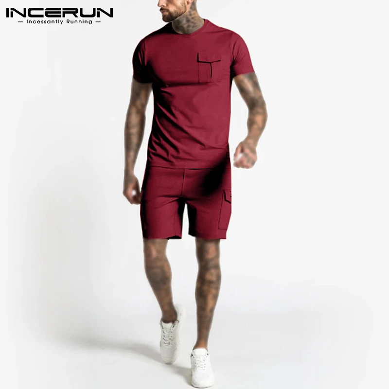 

Men Sets Solid Color Streetwear O Neck Short Sleeve T Shirt Casual Shorts 2021 Workout Summer Leisure Men Suits 2 Pieces INCERUN