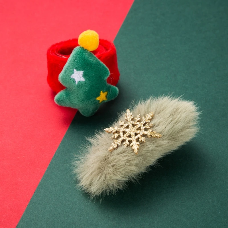 

4Pcs/Set Kids Christmas Hair Clips Xmas Slap Bracelet Wristband Cute Cartoon Snowflake Alligator Hairpins Party Decoration